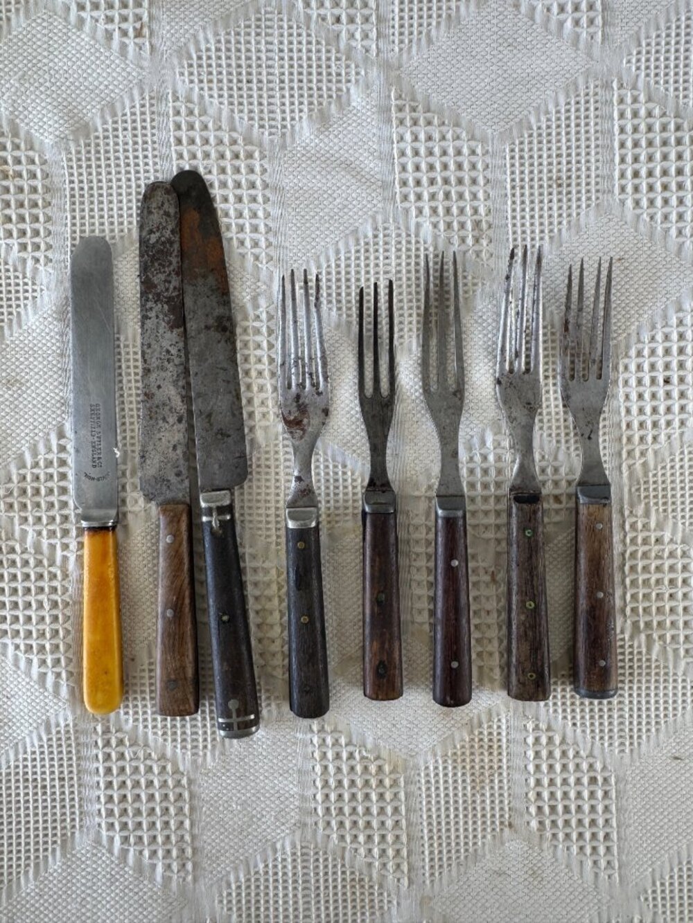 Set of 8 Antique Silverware with Wooden Handles and Steel Blades Forks 1800s
